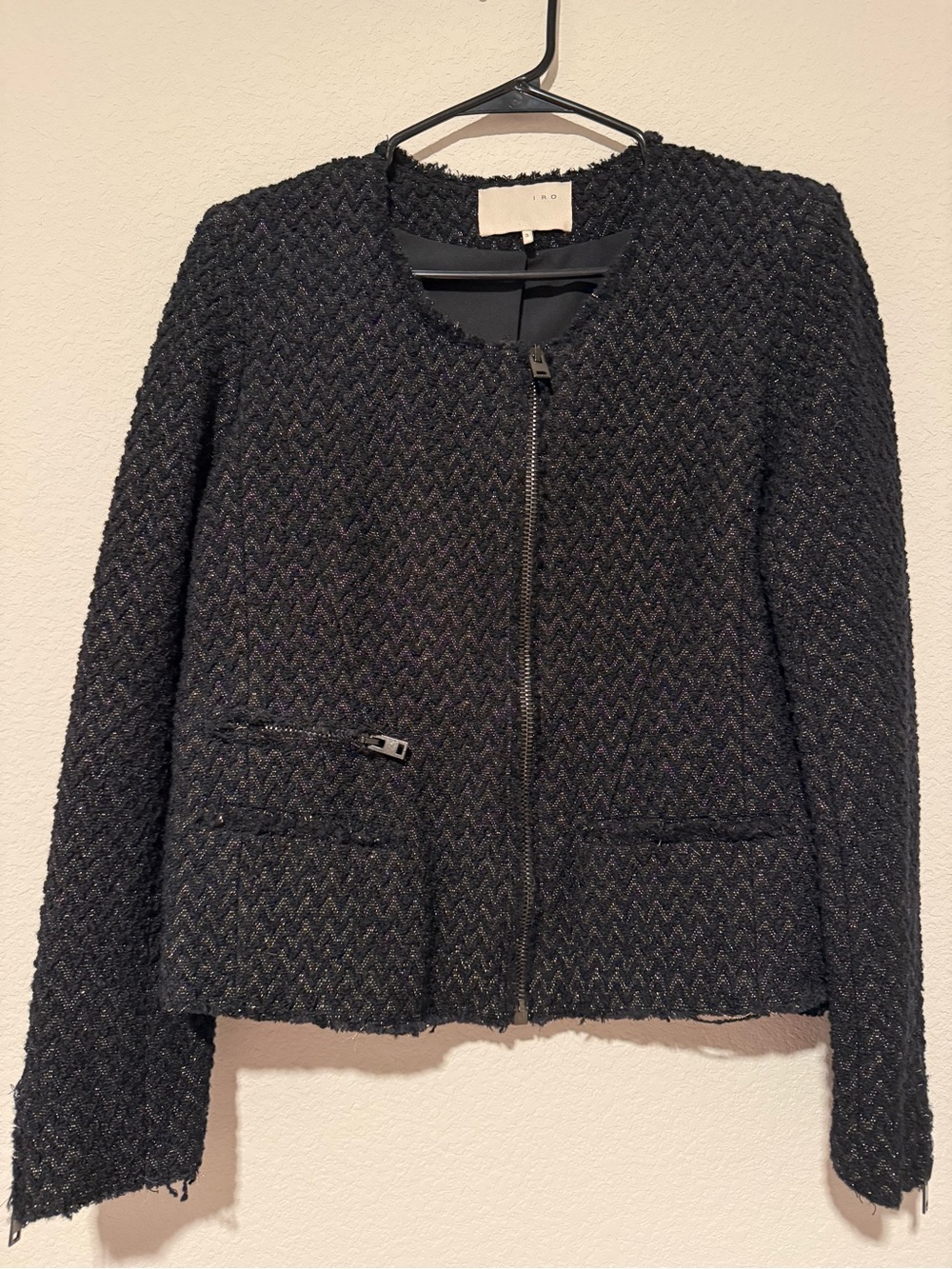 IRO Black Textured Zip-Front Bouclé Blazer